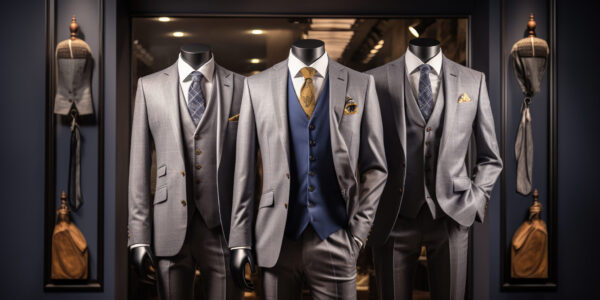 Dapper suits on mannequins showcase fine tailoring and elegance in men's fashion at a boutique.